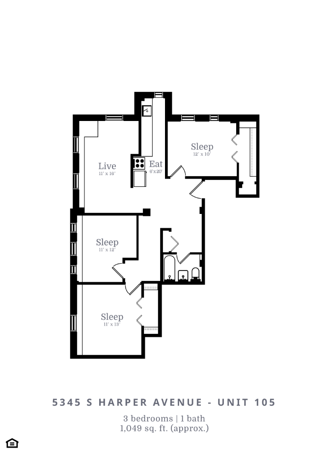 Floor plan for 2 beds, 1 bath, 740 sqft